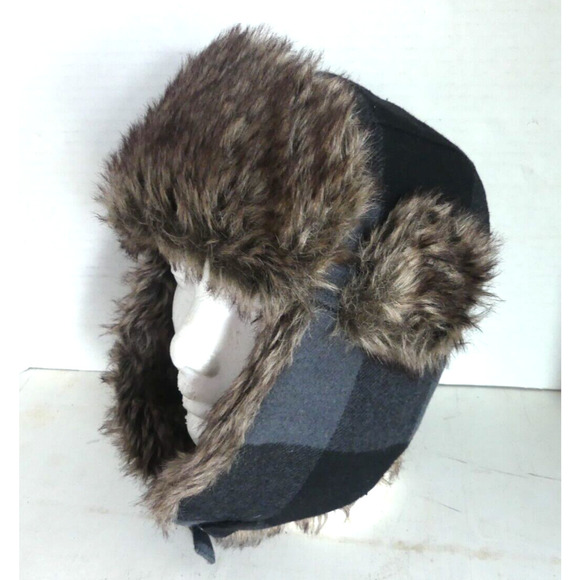 Swiss Tech Trapper Aviator Hat Faux Fur Warm Gray Check Ear Flaps Cover OS - Picture 1 of 8